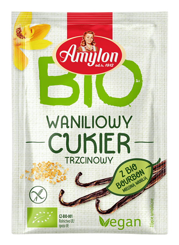Produkt AMYLON (budynie, galaretki,kisiele,cukry, skrobie CUKIER Z WANILIĄ BOURBON BEZGLUTENOWY BIO 20 g - AMYLON 8594006667524