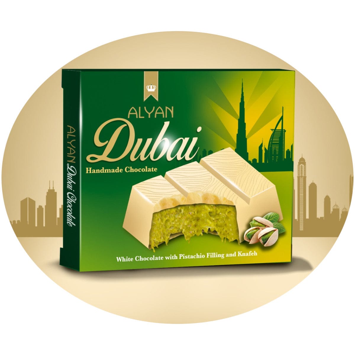 Produkt ALYAN Czekolada Czekolada dubajska ALYAN Dubai Biała z nadzieniem pistacjowym 100g 002916