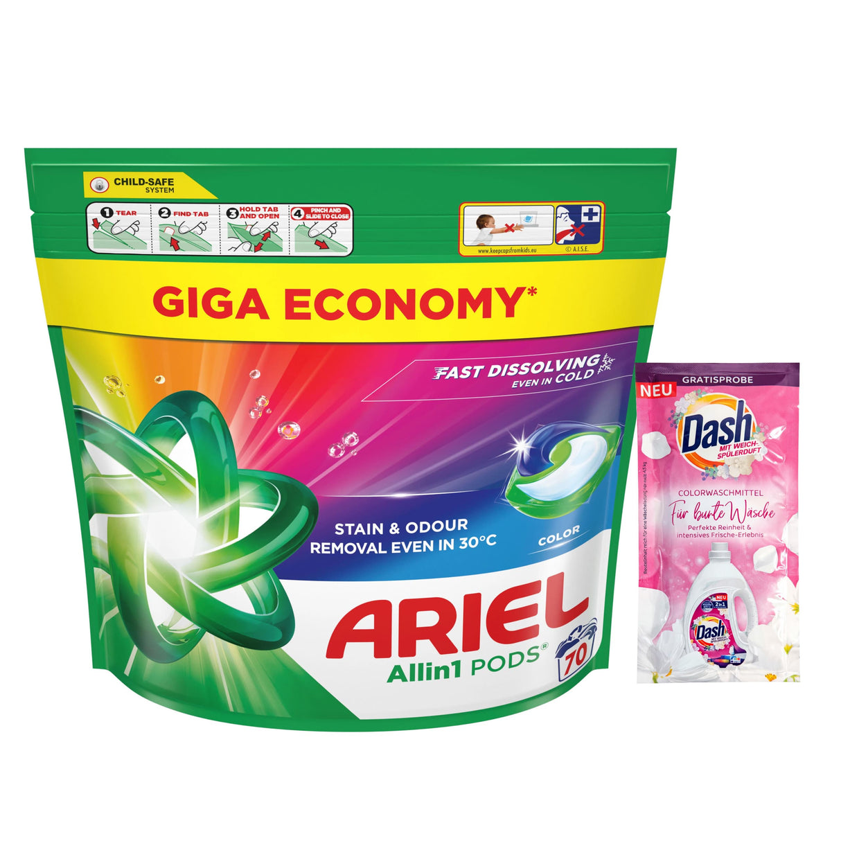 Produkt ARIEL Kapsułki do prania Kapsułki do prania ARIEL Color Allin1 70szt + GRATIS Płyn DASH Color 2in1 Z01010