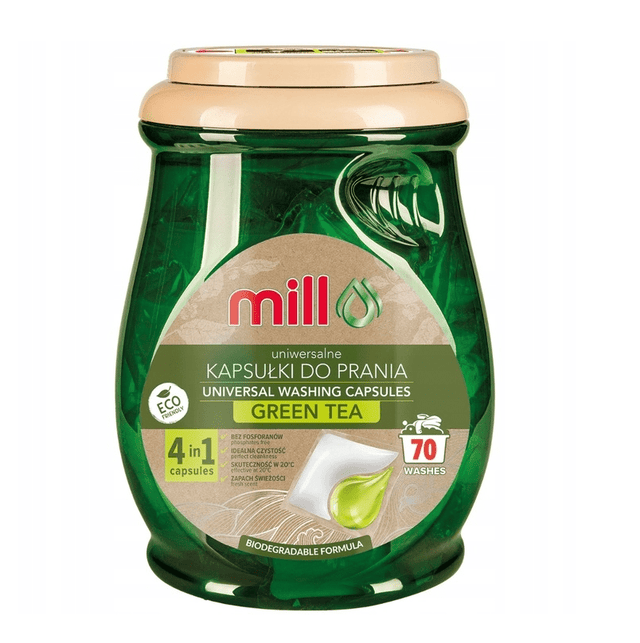 Produkt mill Kapsułki do prania Kapsułki do prania ECOMILL Zielona Herbata Uniwersalne 4w1 70 szt 001401