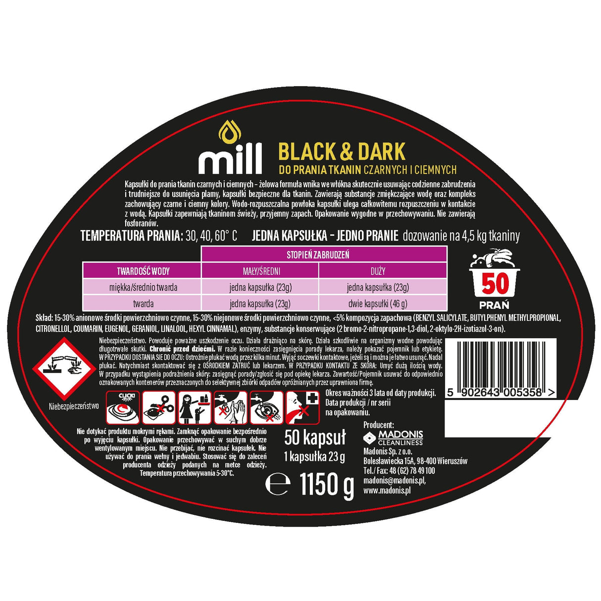 Produkt mill Kapsułki do prania Kapsułki do prania MILL Proffessional Black do czarnego i ciemnego 50szt 004389