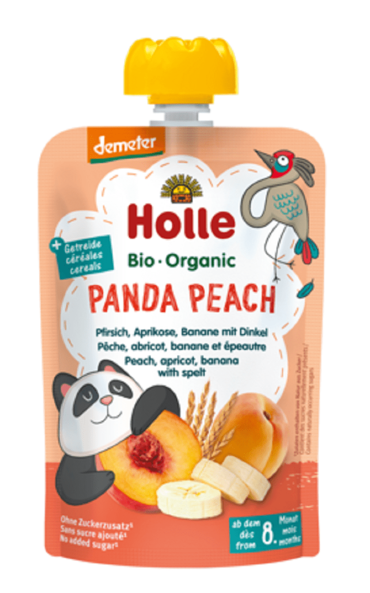 Produkt HOLLE (żywność dla niemowląt) MUS BRZOSKWINIOWA PANDA (BRZOSKWINIA - BANAN - MORELA - ORKISZ) BEZ DODATKU CUKRÓW OD 8 MIESIĄCA DEMETER BIO 100 g - HOLLE 7640161877085
