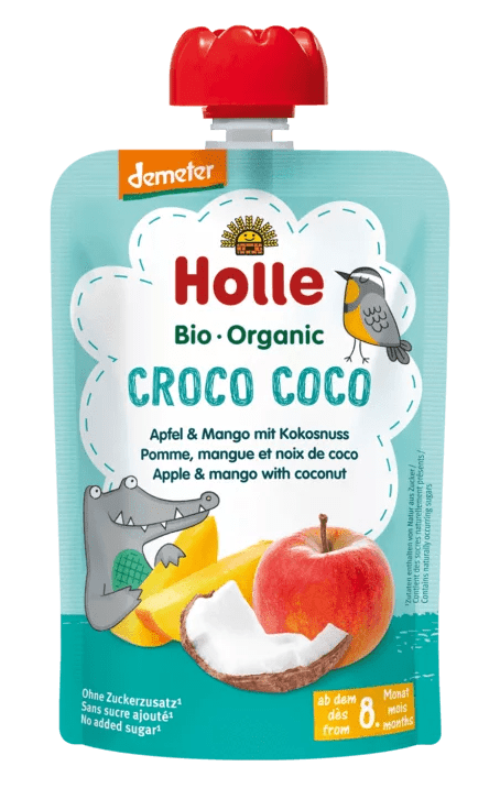 Produkt HOLLE (żywność dla niemowląt) MUS KOKOSOWY KROKODYL (JABŁKO - MANGO - KOKOS) BEZ DODATKU CUKRÓW OD 8 MIESIĄCA DEMETER BIO 100 g - HOLLE 7640161877023