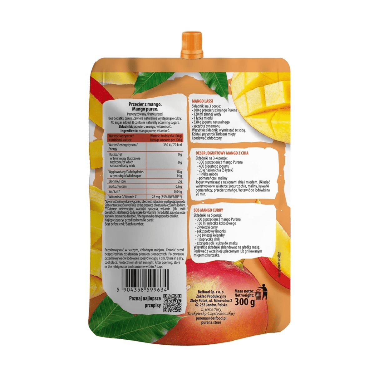 Produkt PURENA Mus owocowy Przecier pulpa z mango 100% PURENA Mus owocowy 300g 002876