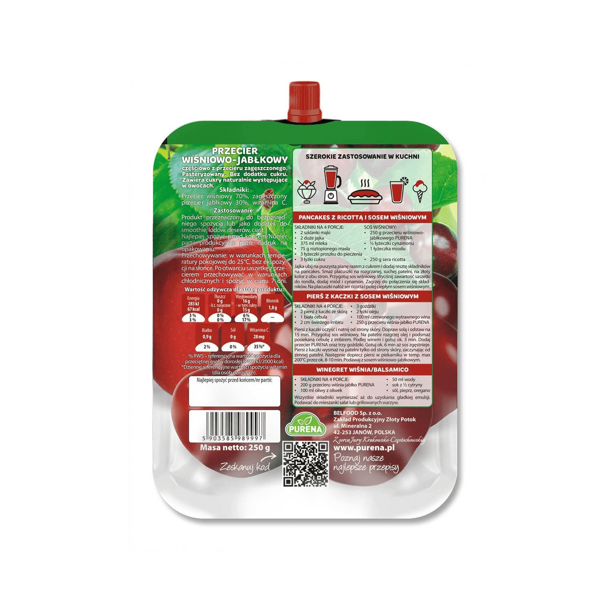 Produkt PURENA Mus owocowy Przecier wiśniowy z jabłkiem 100% PURENA Mus owocowy 250g 002881