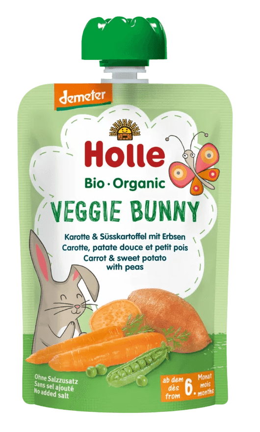 Produkt HOLLE (żywność dla niemowląt) MUS WARZYWNY KRÓLIK (MARCHEW - SŁODKI ZIEMNIAK - GROSZEK) BEZ DODATKU CUKRÓW OD 6 MIESIĄCA DEMETER BIO 100 g - HOLLE 7640161877061