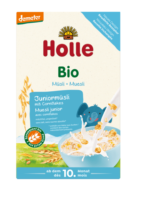 Produkt HOLLE (żywność dla niemowląt) MUSLI JUNIOR Z PŁATKAMI KUKURYDZIANYMI BEZ DODATKU CUKRÓW OD 10 MIESIĄCA DEMETER BIO 250 g - HOLLE 7640161872219