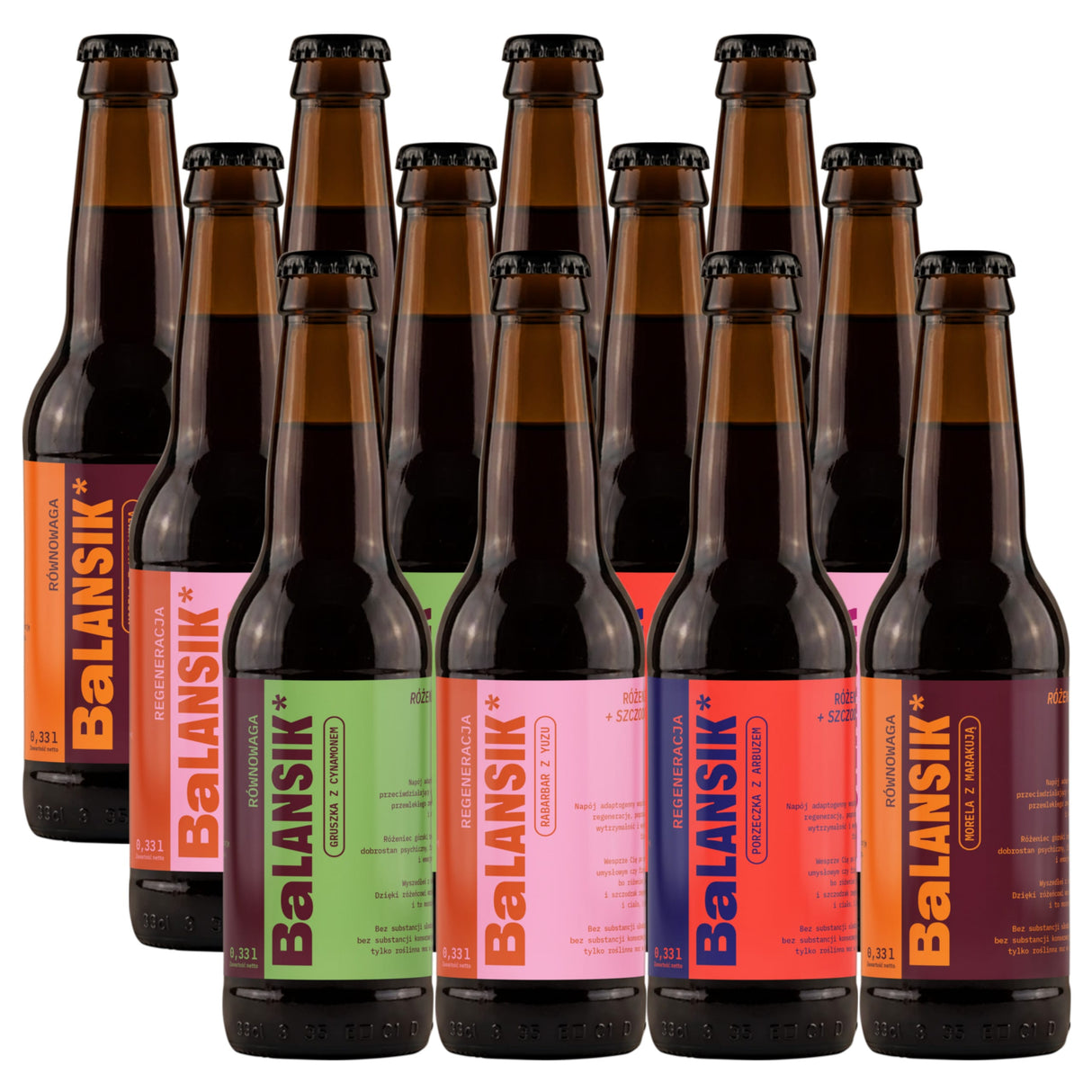 Produkt BALANSIK - YRGH sp. z o.o. Napój adaptogenny BALANSIK Mix smaków Butelka szklana - 12x 0,33l Z01030