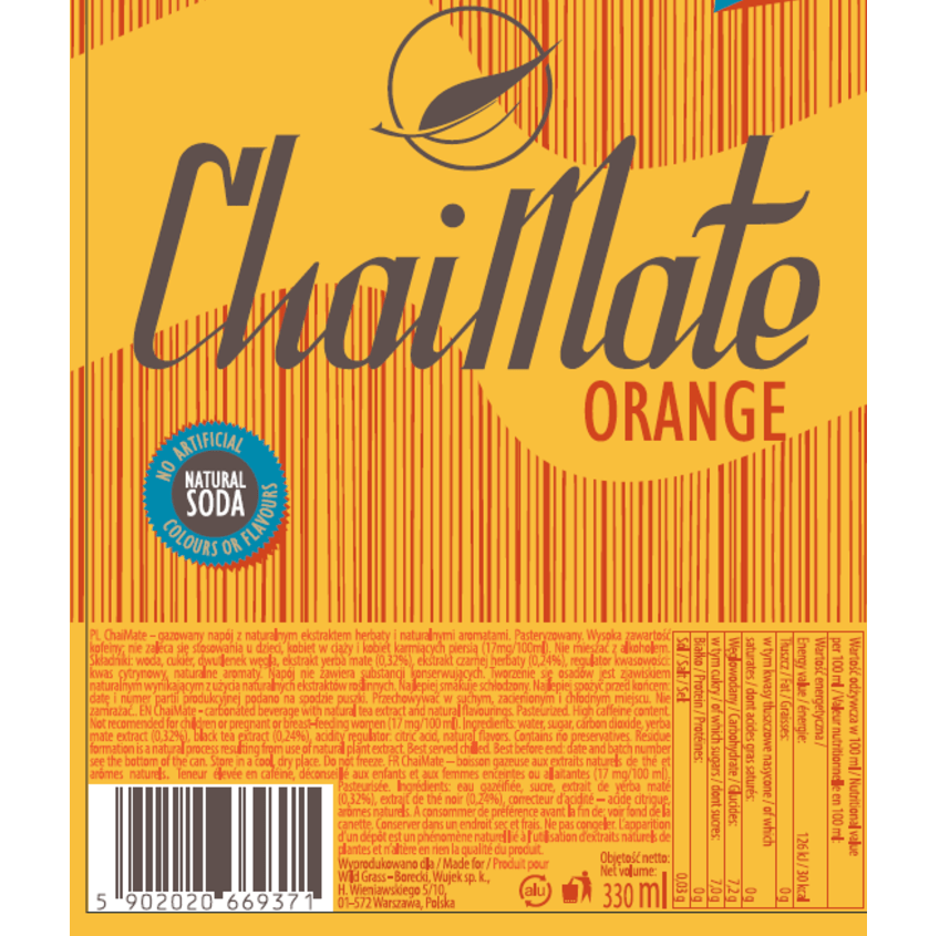 Produkt CHAITEA Napoje gazowane 24x Napój gazowany CHAIMATE Orange Na bazie yerba mate Puszka 0,33l K_003478_24