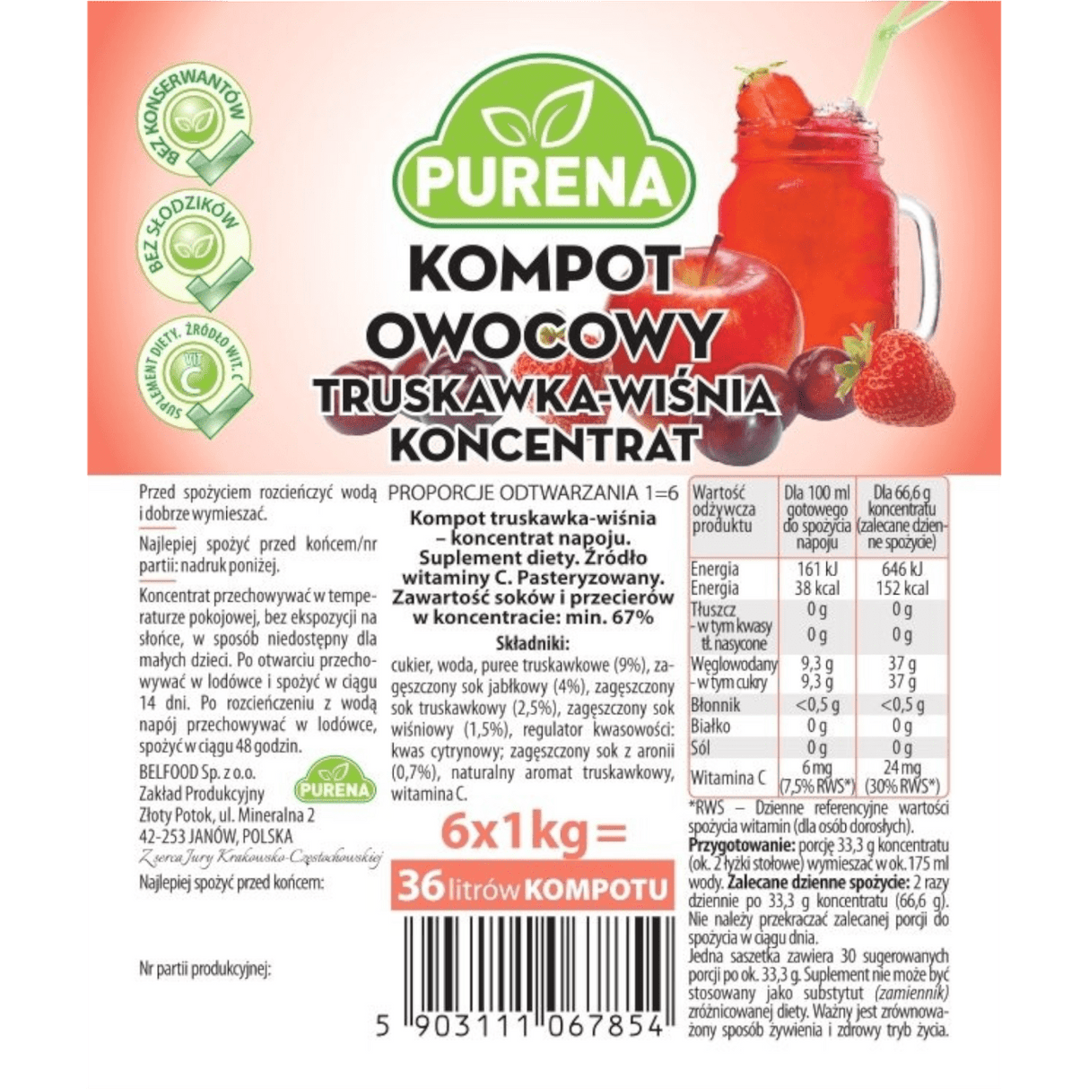 Produkt PURENA Napoje niegazowane Kompot truskawka-wiśnia PURENA koncentrat na 6l 1 kg 003330