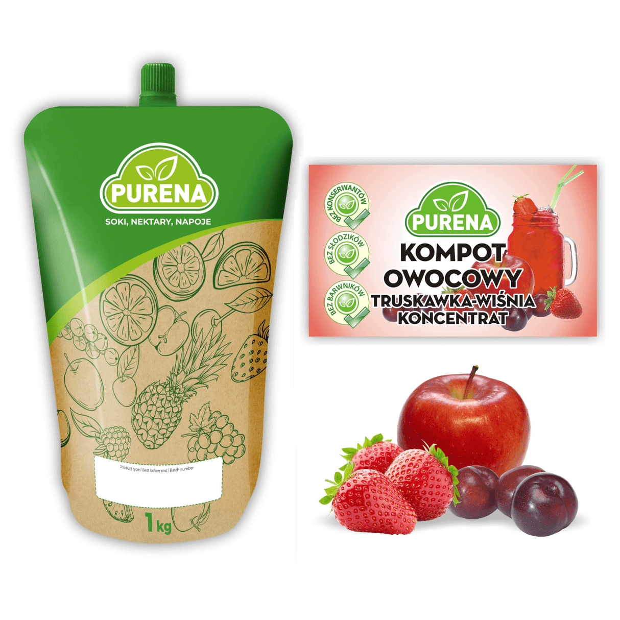 Produkt PURENA Napoje niegazowane Kompot truskawka-wiśnia PURENA koncentrat na 6l 1 kg 003330