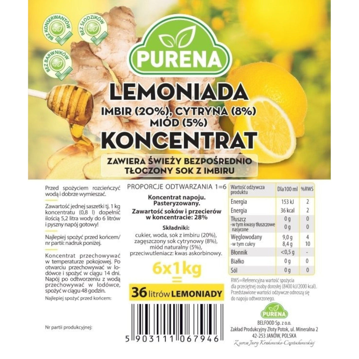Produkt PURENA Napoje niegazowane Koncentrat Napój Lemoniada imbir-cytryna-miód PURENA 1kg na 6l 003339