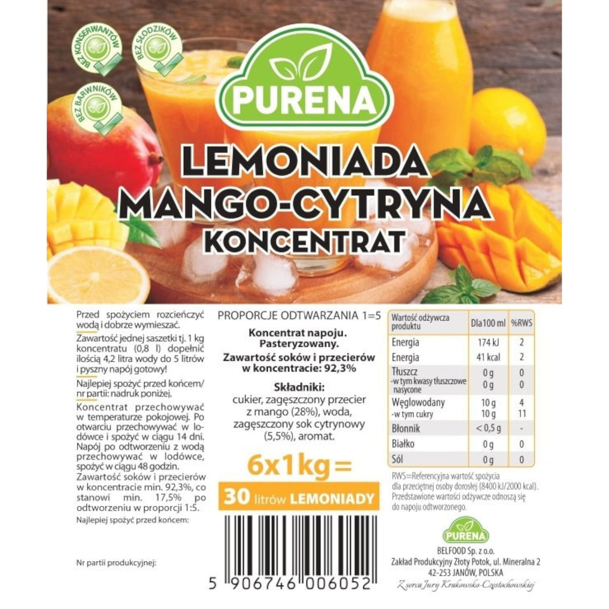 Produkt PURENA Napoje niegazowane Koncentrat Napój Lemoniada mango-cytryna PURENA 1kg na 5l 003337