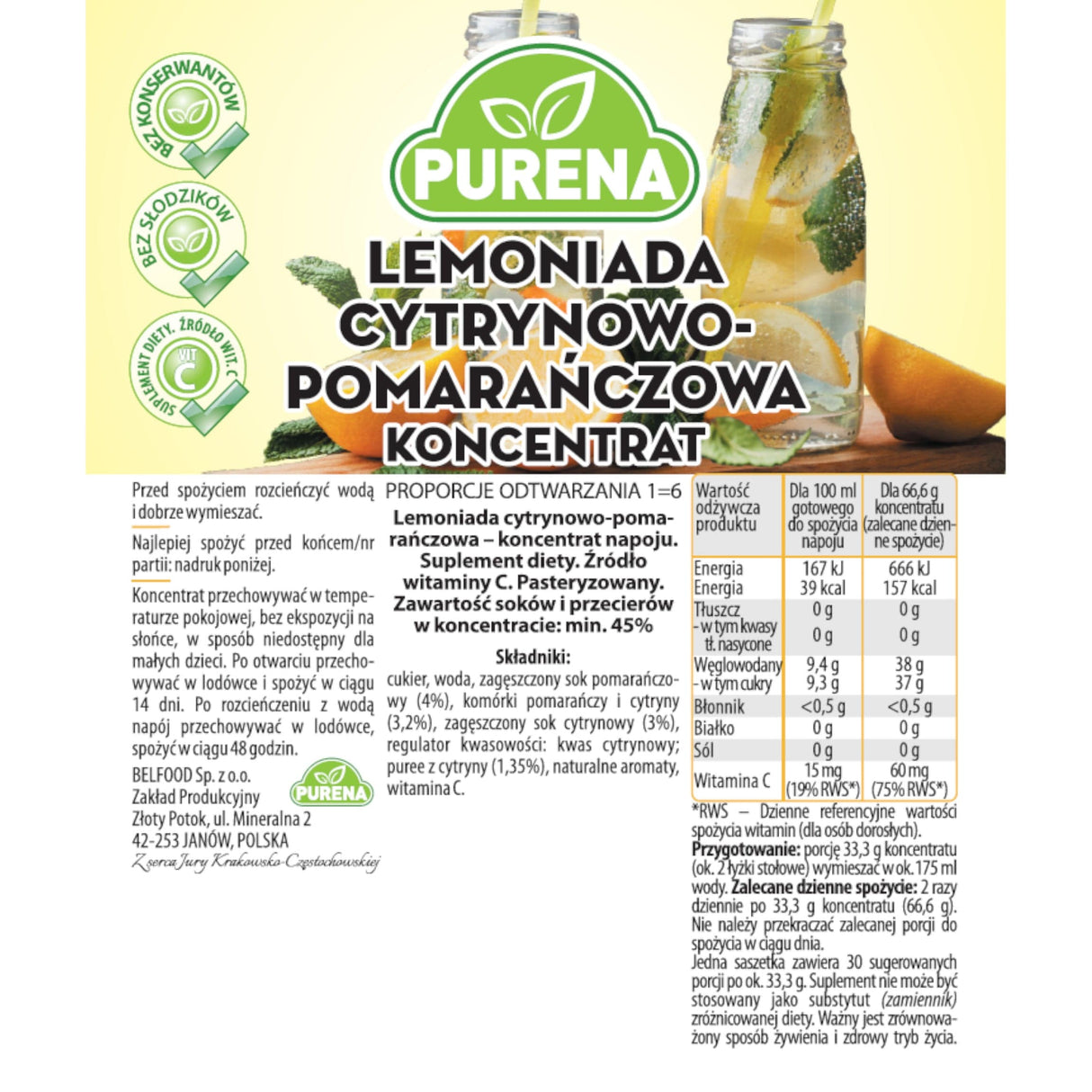 Produkt PURENA Napoje niegazowane Napój Koncentrat Lemoniada cytrynowo pomarańczowa PURENA 1kg na 9l 003334