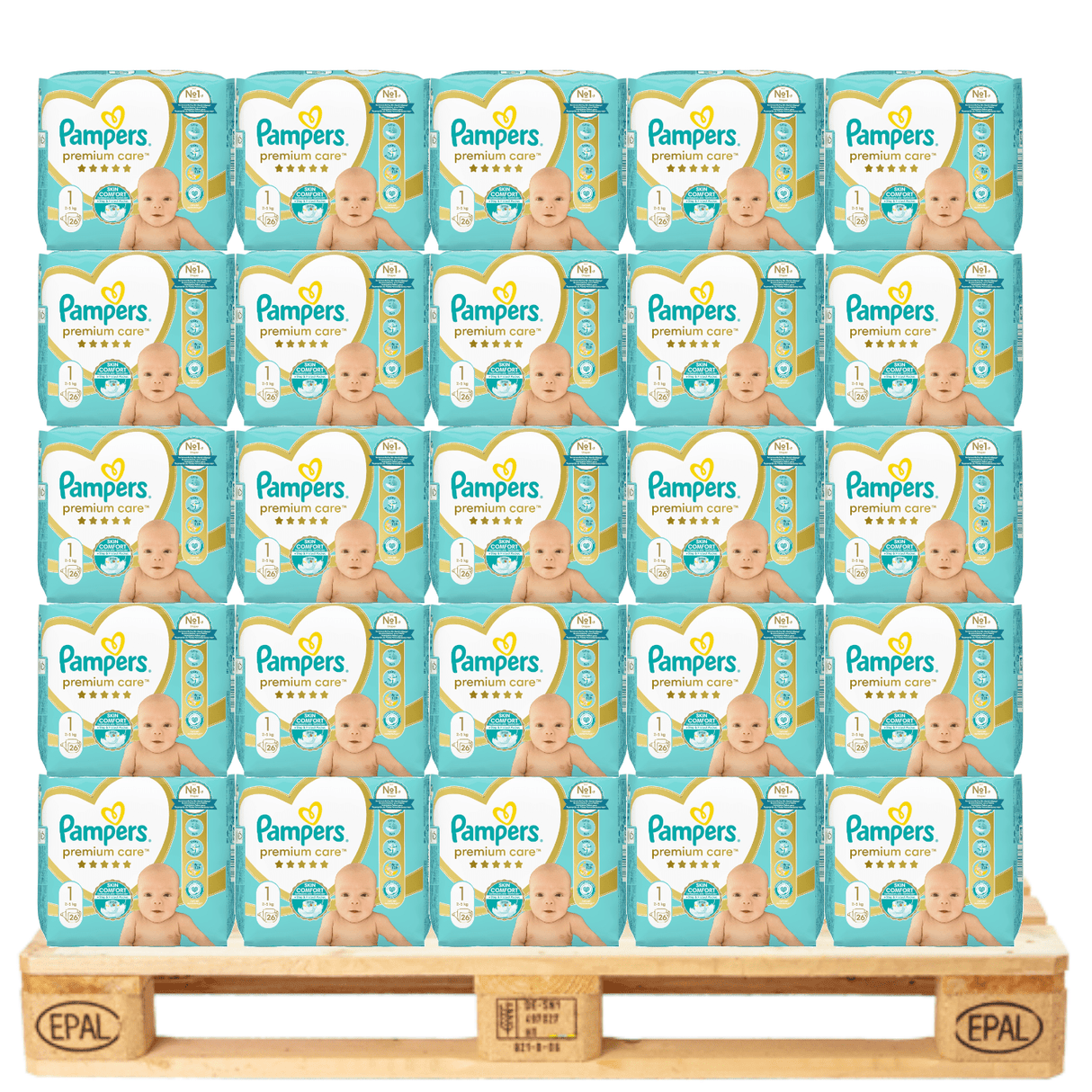 Produkt PAMPERS Pieluchy Pieluchy PAMPERS Premium Care Skin Comfort rozmiar 1 (2-5 kg) 26 szt Paleta 280 opakowań K_032411_280