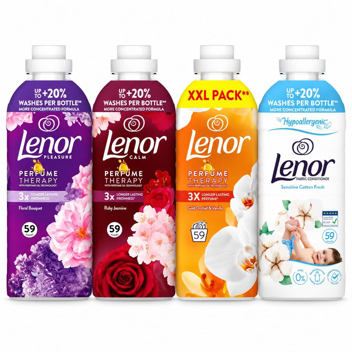 Produkt LENOR Płyny do płukania Płyn do płukania tkanin LENOR Mix Sensitive, Gold Orchid & Vanilla, Ruby Jasmine, Floral Bouquet 4x 1,239l Z10072