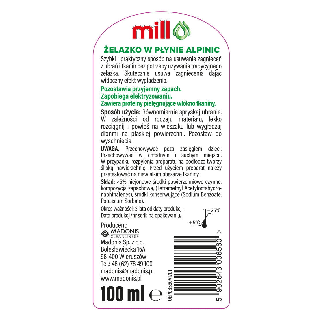 Produkt MILL Pozostałe do prania Żelazko w płynie MILL Alpinic spray 100ml 004396