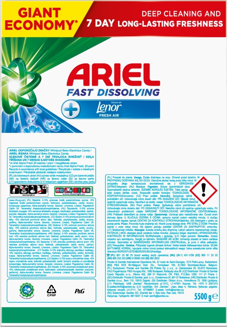 Produkt ARIEL Proszki do prania Proszek do prania uniwersalny ARIEL Fresh Air Touch of Lenor 100 prań 5,5 kg 004447
