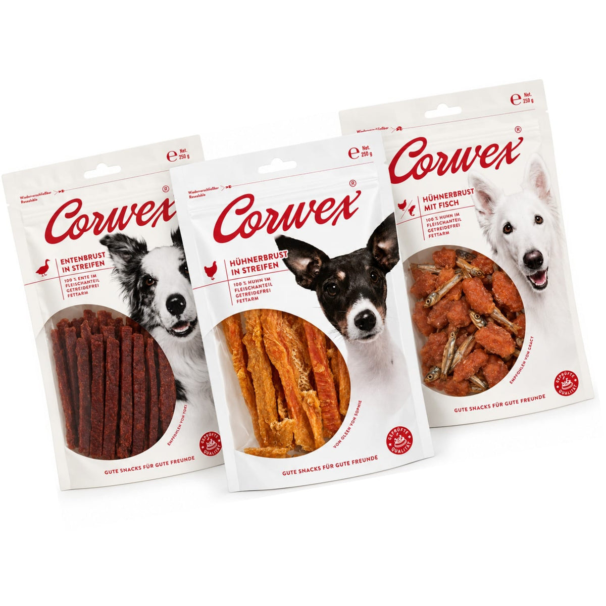 Produkt CORWEX Przysmaki dla psa Zestaw przysmaków dla psa CORWEX paski z kaczki kurczaka i ryby 3x250g Z10075