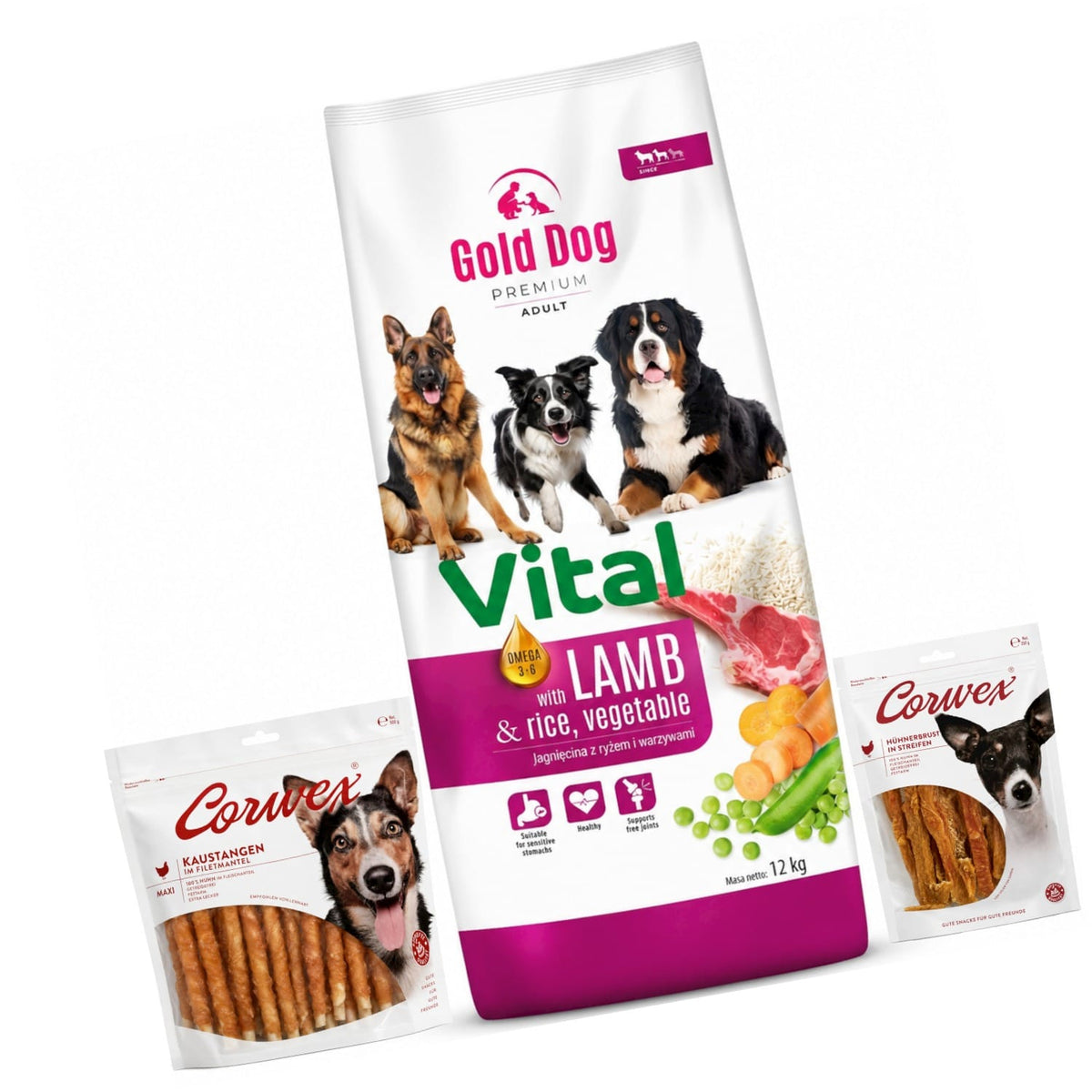 Produkt GOLD DOG Sucha karma dla psa Karma dla psa GOLD DOG Lamb 12kg + CORWEX Pałeczki z kurczakiem 500g + CORWEX paski z kurczaka Z10080