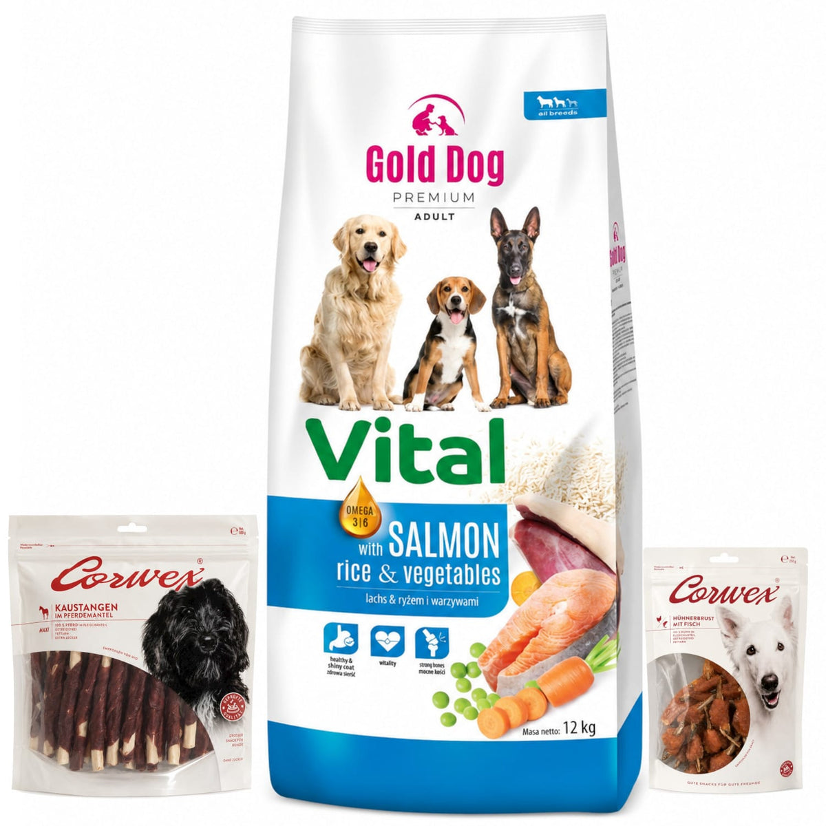 Produkt GOLD DOG Sucha karma dla psa Karma dla psa GOLD DOG Vital Salmon Rice & Vegetables 12kg + Kość do żucia 500g + Przysmak z kurczaka 250g Z10080