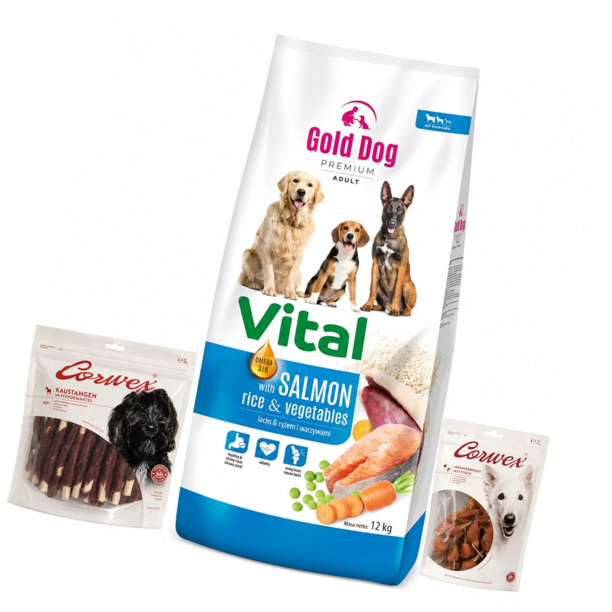 Produkt GOLD DOG Sucha karma dla psa Karma dla psa GOLD DOG Vital Salmon Rice & Vegetables 12kg + Kość do żucia 500g + Przysmak z kurczaka 250g Z10080