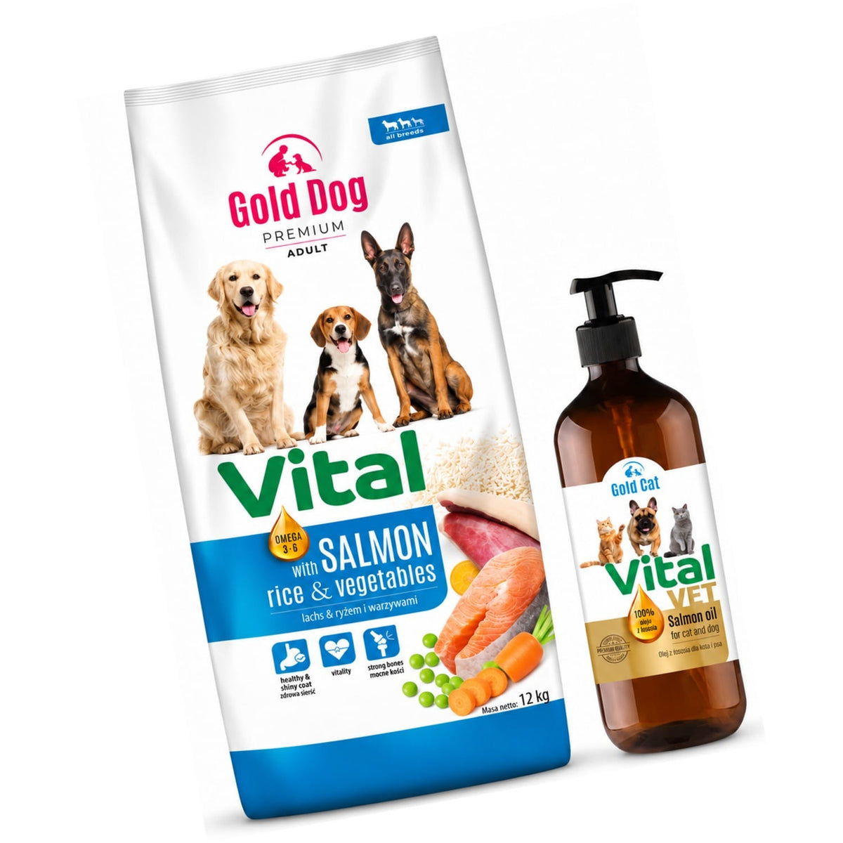 Produkt GOLD DOG Sucha karma dla psa Karma dla psa GOLD DOG Vital Salmon Rice & Vegetables 12kg + Olej z łososia GOLD DOG Vital VET 100% 0,5l GRATIS Z10069