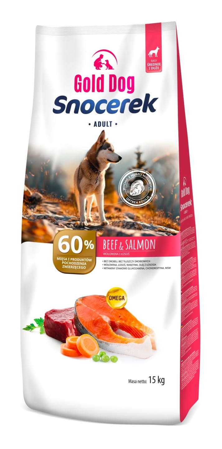 Produkt GOLD DOG Sucha karma dla psa Karma GOLD DOG 15 kg Beef & Salmon + Kość do żucia 500g + Paski z kaczki 250g Z10079