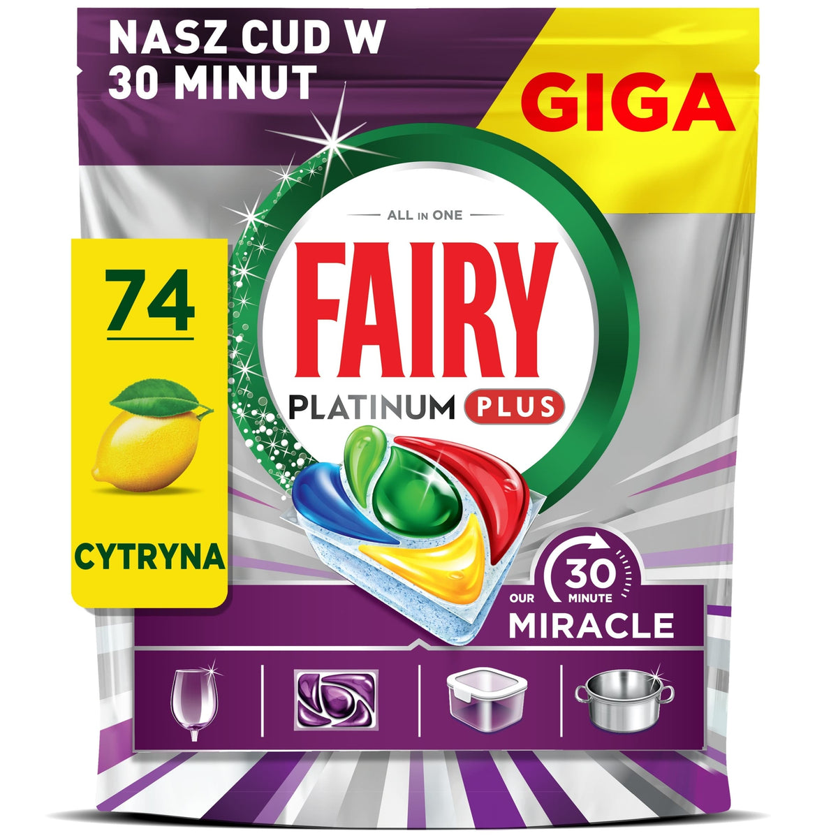 Produkt FAIRY Tabletki i kapsułki do zmywarki 3x Kapsułki do zmywarki FAIRY Platinum Plus 30 Minute Miracle Lemon 74 szt K_006523_3