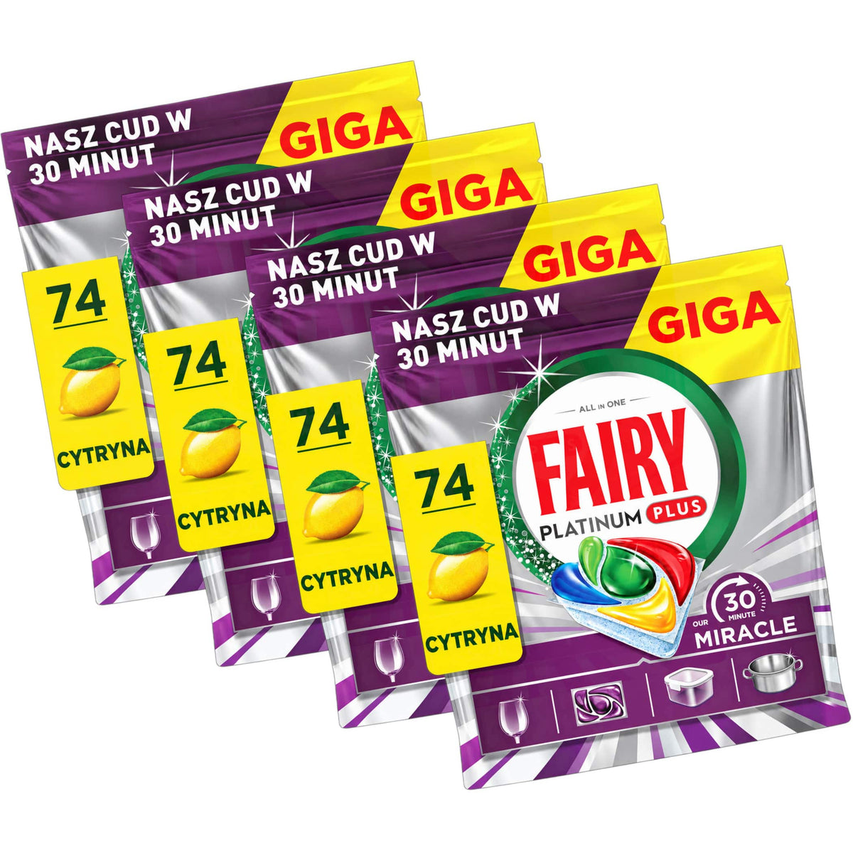 Produkt FAIRY Tabletki i kapsułki do zmywarki 4x Kapsułki do zmywarki FAIRY Platinum Plus 30 Minute Miracle Lemon 74 szt K_006523_4