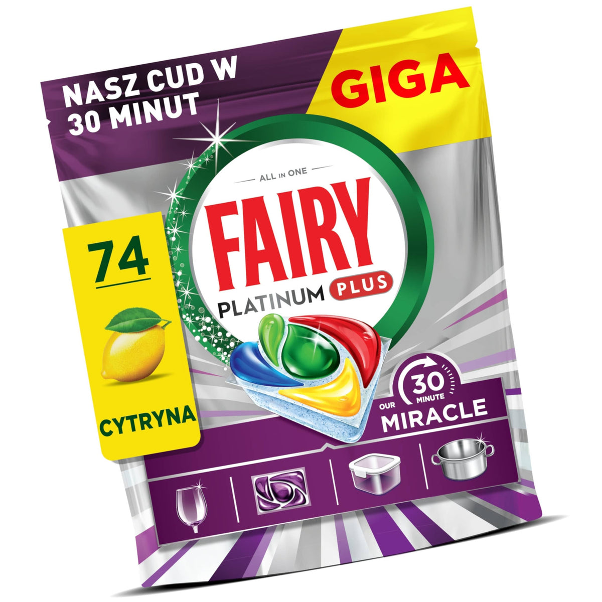 Produkt FAIRY Tabletki i kapsułki do zmywarki Kapsułki do zmywarki FAIRY Platinum Plus 30 Minute Miracle Lemon 74 szt 006523