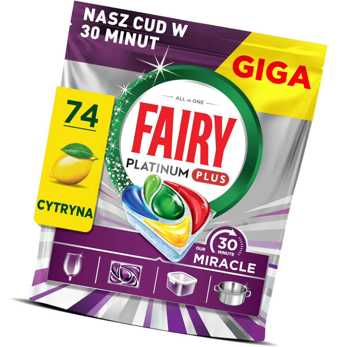 Produkt FAIRY Tabletki i kapsułki do zmywarki Kapsułki do zmywarki FAIRY Platinum Plus 30 Minute Miracle Lemon 74 szt 006523