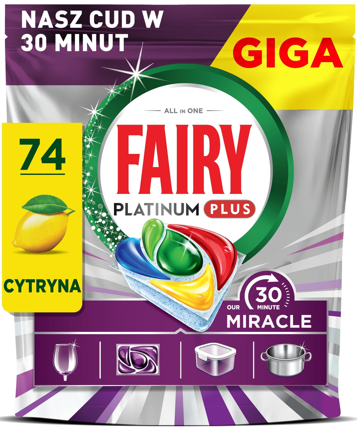 Produkt FAIRY Tabletki i kapsułki do zmywarki Kapsułki do zmywarki FAIRY Platinum Plus 30 Minute Miracle Lemon 74 szt 006523