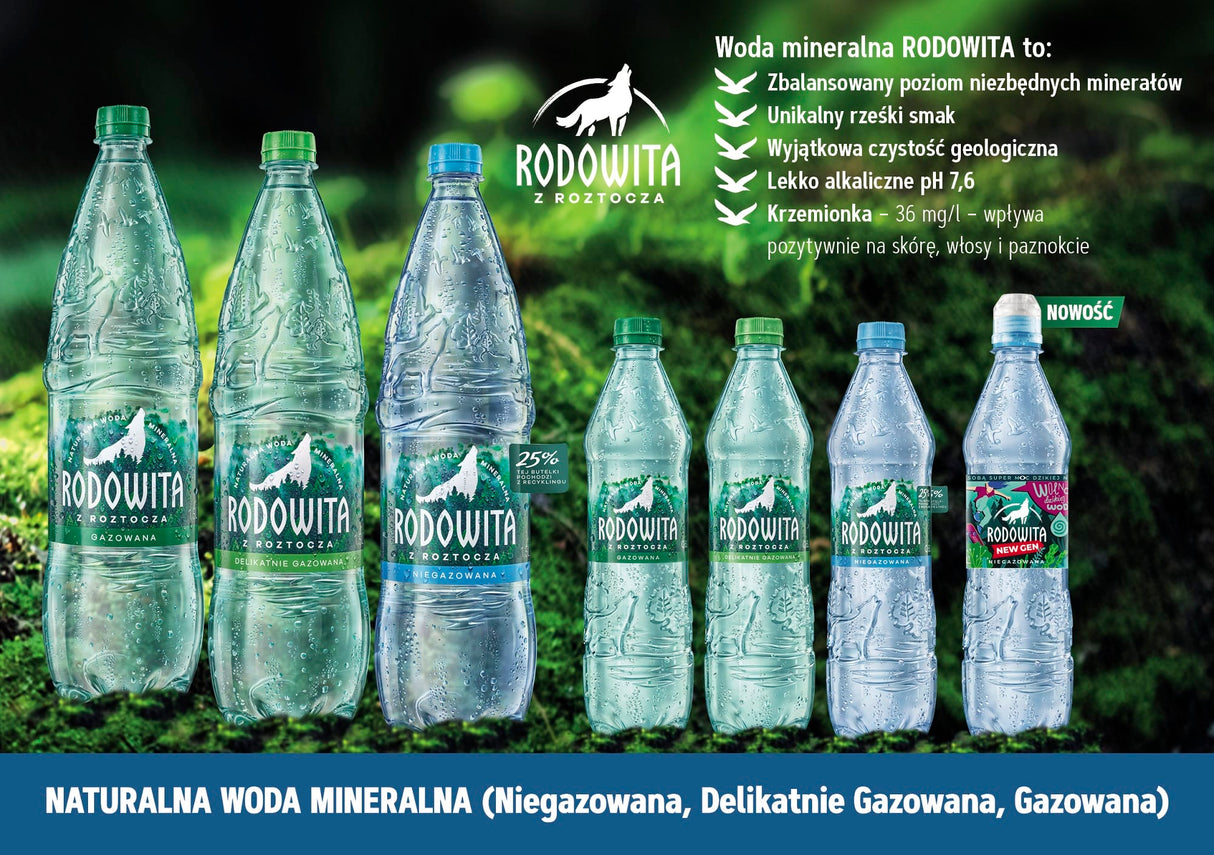 Produkt RODOWITA Woda mineralna RODOWITA z Roztocza delikatnie gazowana 1 l kaucja 005341