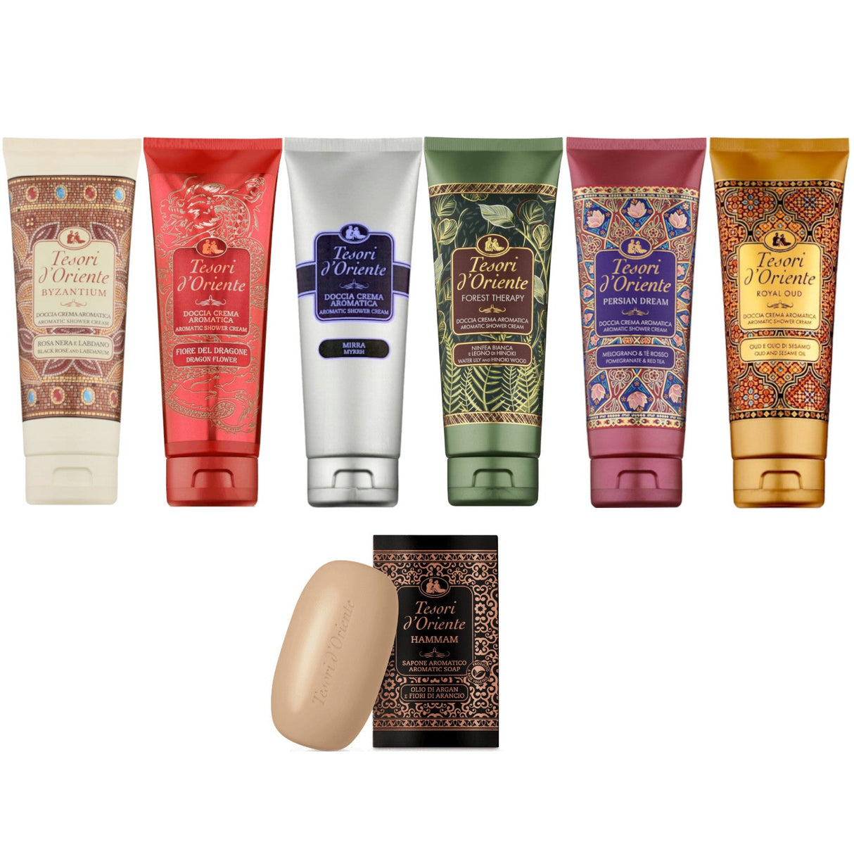 Produkt TESORI D'ORIENTE Żele pod prysznic Zestaw żel pod prysznic TESORI D'ORIENTE MIX 6x 250ml + Mydełko GRATIS Z00984