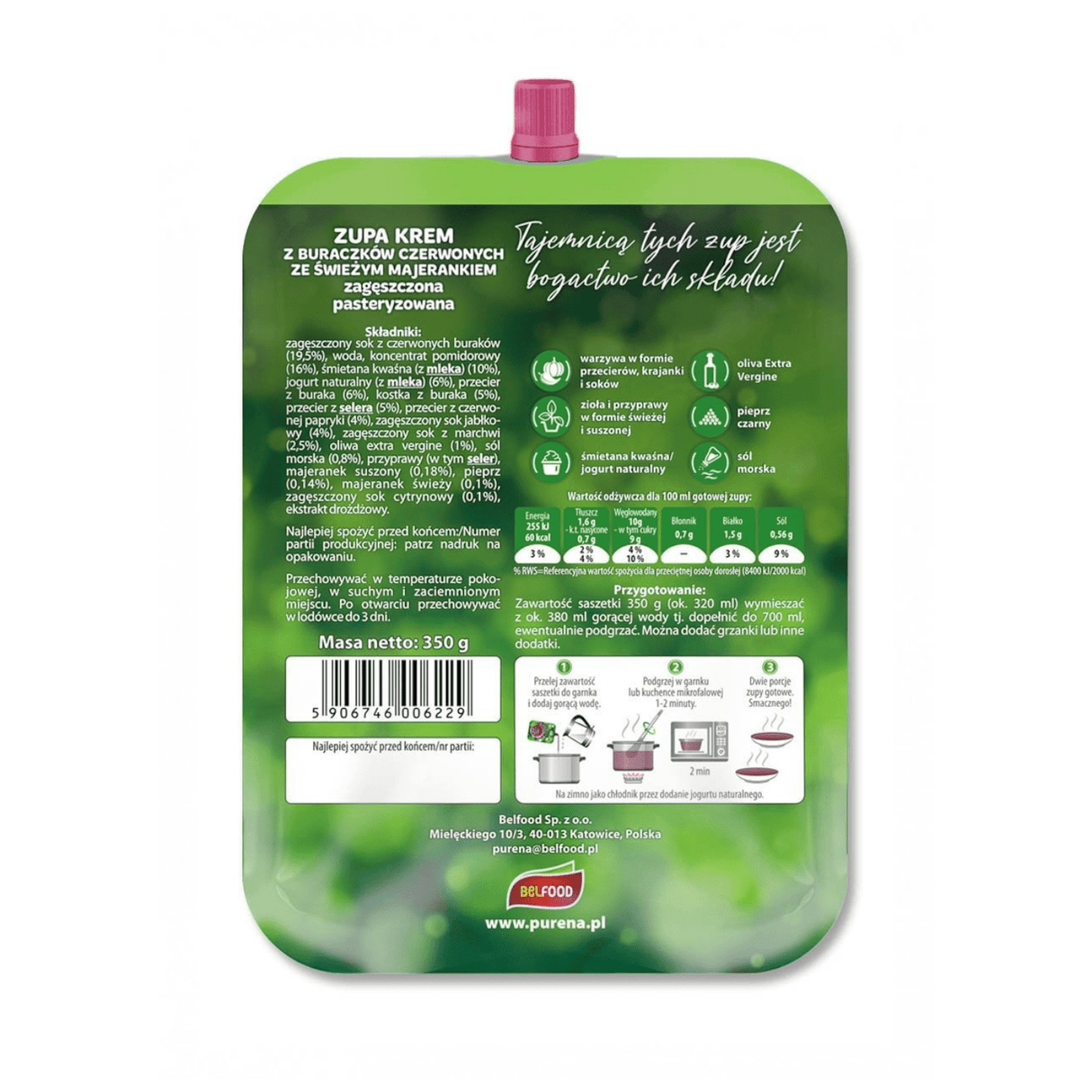 Produkt PURENA Zupki i dania gotowe Zagęszczona Zupa krem z buraczków PURENA ze świeżym majerankiem 350g 002885