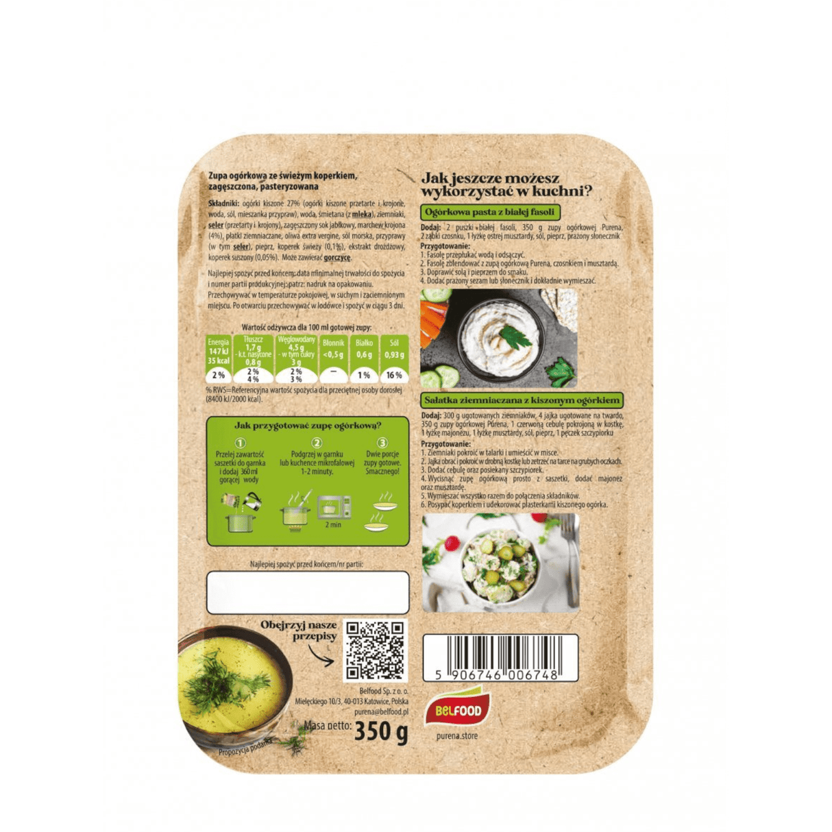 Produkt PURENA Zupki i dania gotowe Zupa krem Ogórkowa ze świeżym koperkiem Zagęszczona PURENA 350g 2 porcje 002884