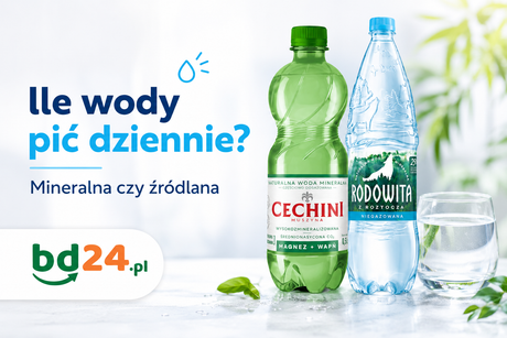 Dwie butelki wody mineralnej i nalana szklanka wody – ilustracja do wpisu o tym, ile wody pić dziennie i jaką wybrać, bd24.pl
