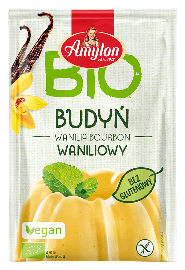 Produkt AMYLON (budynie, galaretki,kisiele,cukry, skrobie BUDYŃ WANILIOWY BEZGLUTENOWY BIO 40 g - AMYLON 8594006666497