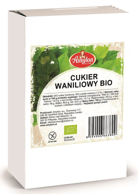 Produkt AMYLON (budynie, galaretki,kisiele,cukry, skrobie CUKIER Z WANILIĄ BOURBON BEZGLUTENOWY BIO 100 g - AMYLON 8594006669023