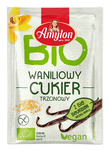 Produkt AMYLON (budynie, galaretki,kisiele,cukry, skrobie CUKIER Z WANILIĄ BOURBON BEZGLUTENOWY BIO 8 g - AMYLON 8594006668408