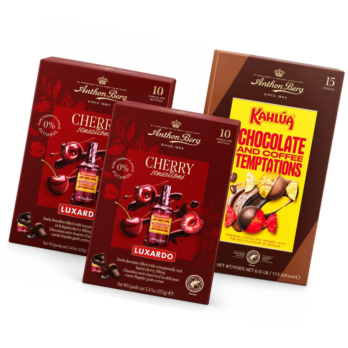 Produkt ANTHON BERG Czekolada Zestaw pralin Anthon Berg 3 szt. – 2x Luxardo Sensations 155g + Kahlúa 173g Z10070