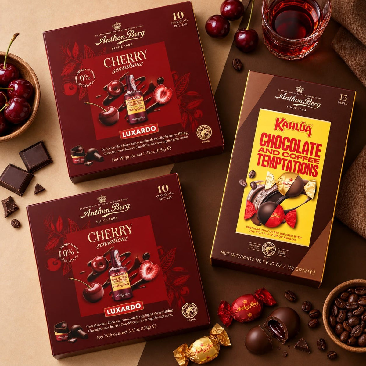 Produkt ANTHON BERG Czekolada Zestaw pralin Anthon Berg 3 szt. – 2x Luxardo Sensations 155g + Kahlúa 173g Z10070