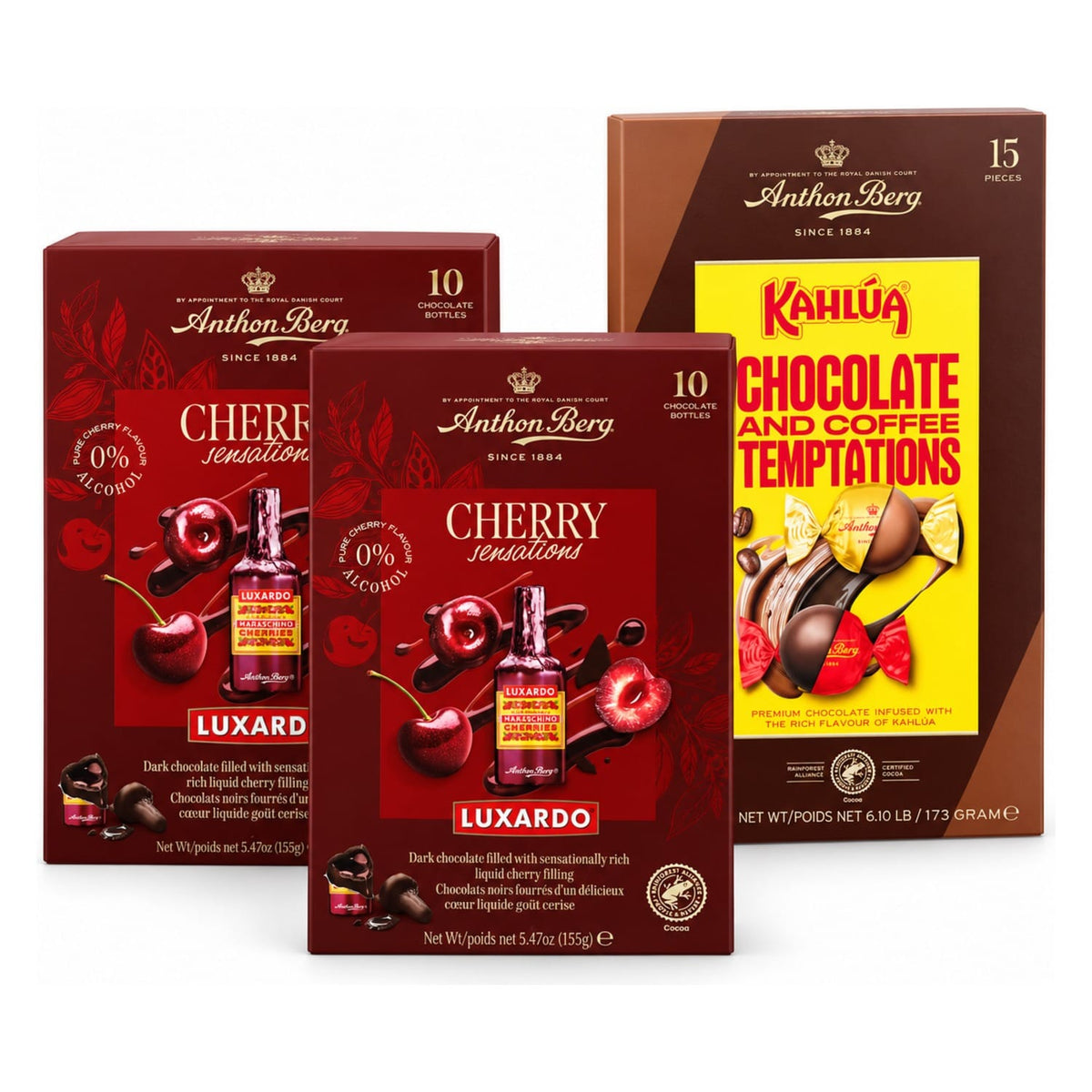 Produkt ANTHON BERG Czekolada Zestaw pralin Anthon Berg 3 szt. – 2x Luxardo Sensations 155g + Kahlúa 173g Z10070
