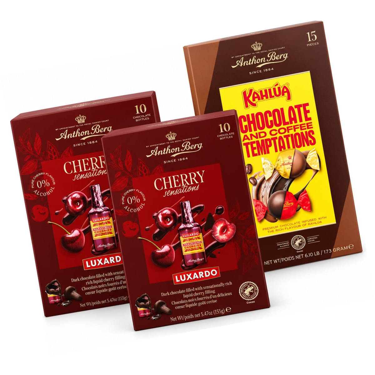 Produkt ANTHON BERG Czekolada Zestaw pralin Anthon Berg 3 szt. – 2x Luxardo Sensations 155g + Kahlúa 173g Z10070