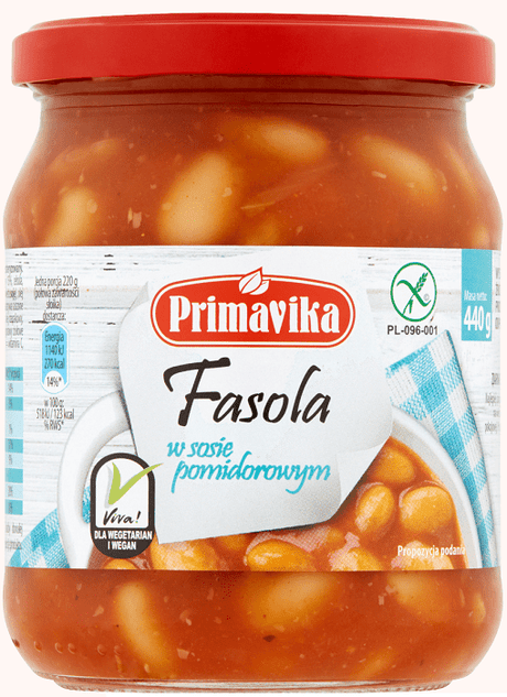 Produkt PRIMAVIKA (przetwory i pasty vege) FASOLA W SOSIE POMIDOROWYM BEZGLUTENOWA 440 g - PRIMAVIKA 5900672300024