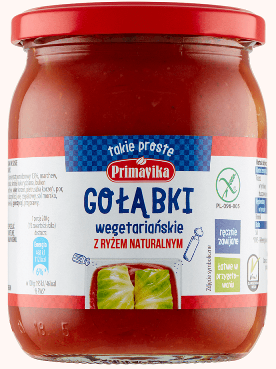 Produkt PRIMAVIKA (przetwory i pasty vege) GOŁĄBKI WEGAŃSKIE Z RYŻEM I PIECZARKAMI W SOSIE POMIDOROWYM BEZGLUTENOWE 480 g - PRIMAVIKA 5900672302370