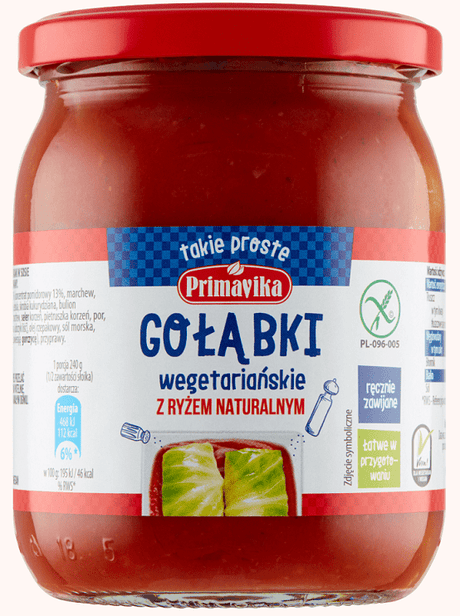 Produkt PRIMAVIKA (przetwory i pasty vege) GOŁĄBKI WEGAŃSKIE Z RYŻEM I PIECZARKAMI W SOSIE POMIDOROWYM BEZGLUTENOWE 480 g - PRIMAVIKA 5900672302370