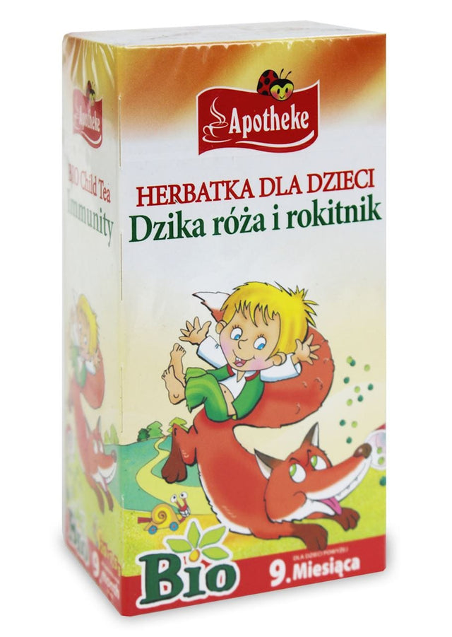 Produkt APOTHEKE (herbatki dla dzieci, dorosłych, błonnik HERBATKA DLA DZIECI - DZIKA RÓŻA I ROKITNIK PO 9 MIESIĄCU BIO (20 x 1,5 g) 30 g - APOTHEKE 8595178201714
