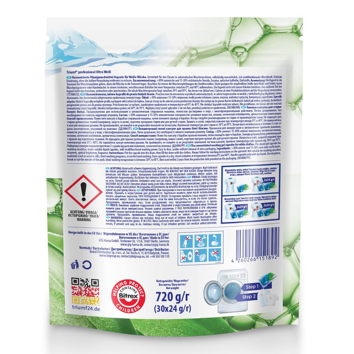 Produkt TRIUMF Kapsułki do prania Kapsułki do prania TRIUMF białe kolor 2in1 2x 30szt Z00603